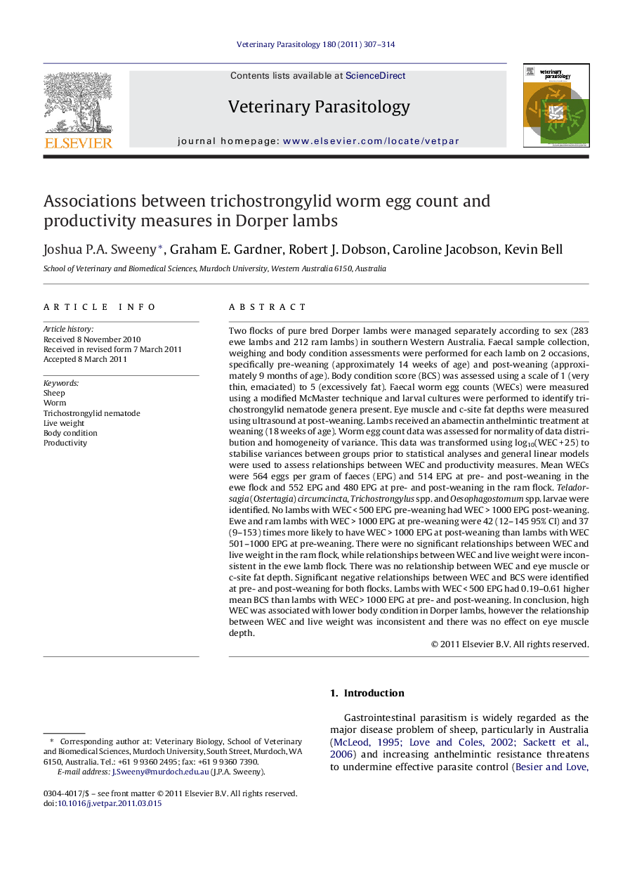 Associations between trichostrongylid worm egg count and productivity measures in Dorper lambs