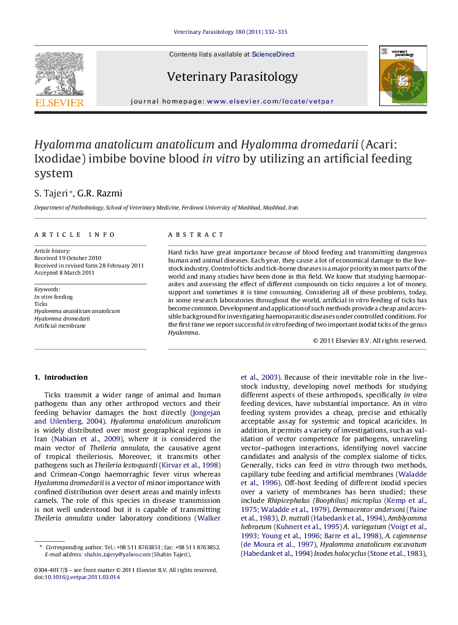 Hyalomma anatolicum anatolicum and Hyalomma dromedarii (Acari: Ixodidae) imbibe bovine blood in vitro by utilizing an artificial feeding system