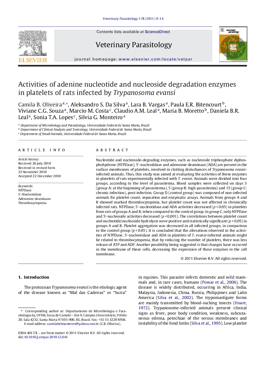 Activities of adenine nucleotide and nucleoside degradation enzymes in platelets of rats infected by Trypanosoma evansi