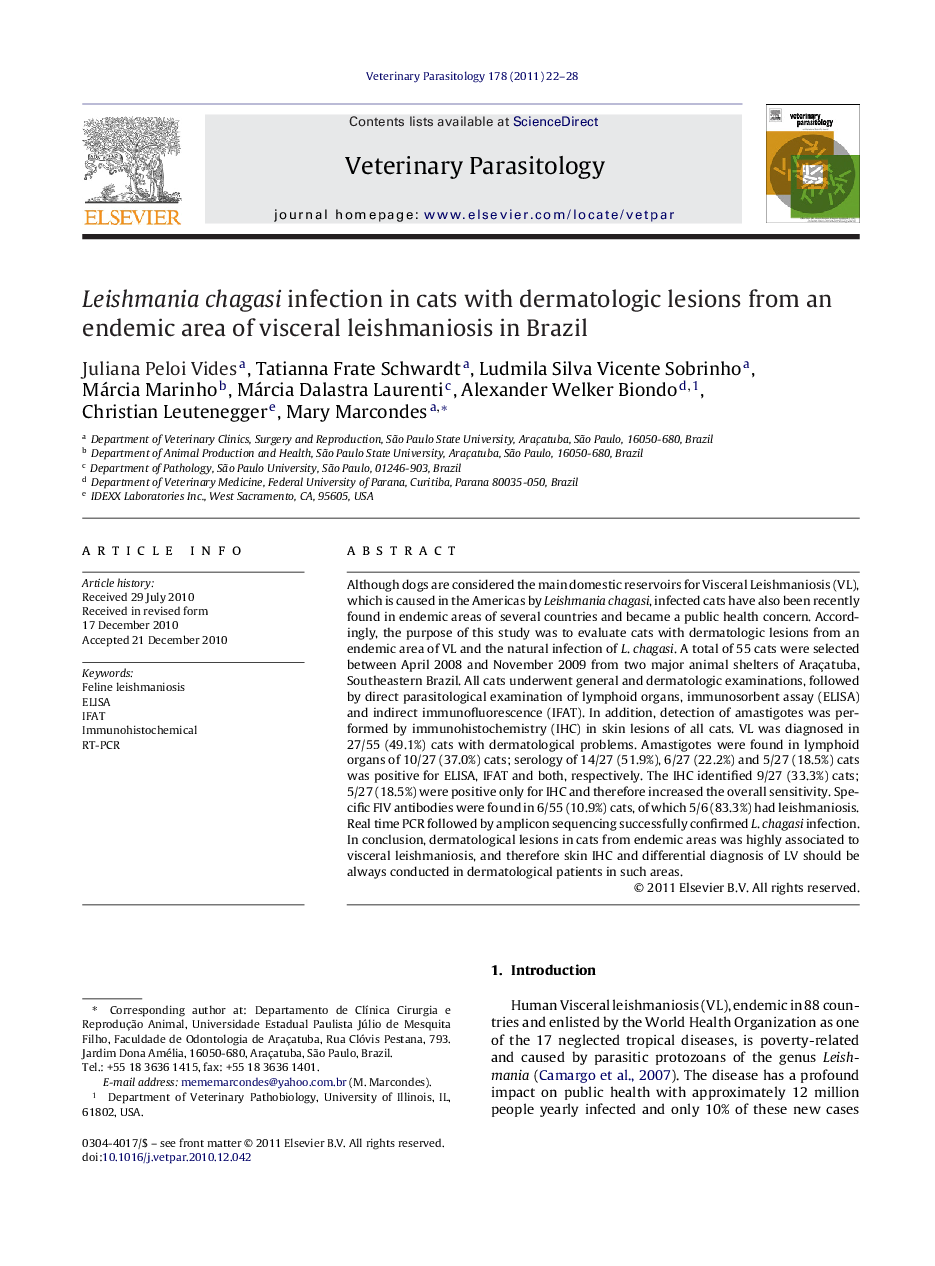 Leishmania chagasi infection in cats with dermatologic lesions from an endemic area of visceral leishmaniosis in Brazil