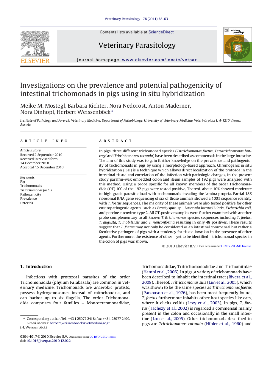 Investigations on the prevalence and potential pathogenicity of intestinal trichomonads in pigs using in situ hybridization