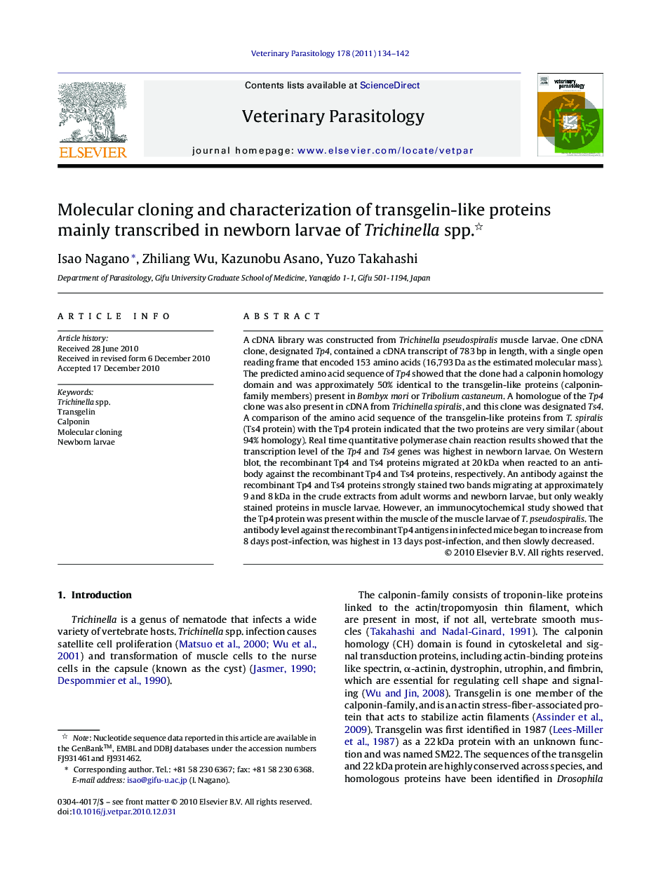 Molecular cloning and characterization of transgelin-like proteins mainly transcribed in newborn larvae of Trichinella spp.