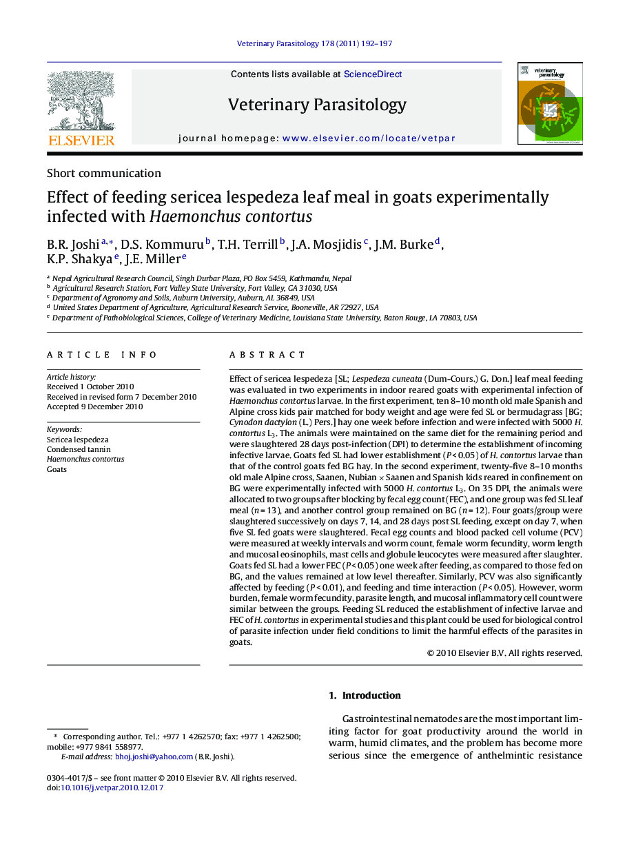 Effect of feeding sericea lespedeza leaf meal in goats experimentally infected with Haemonchus contortus