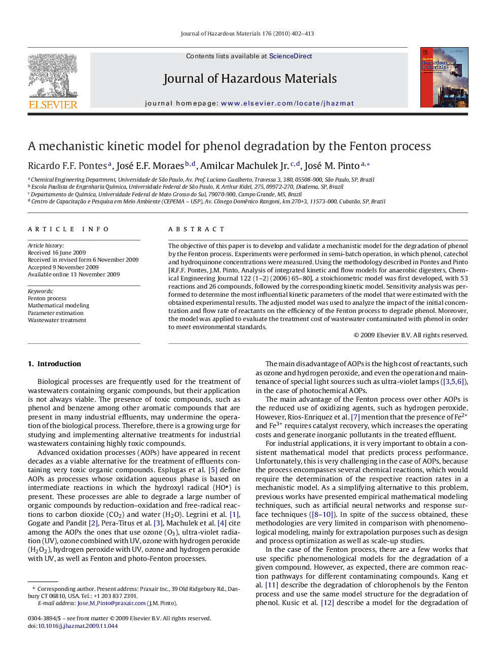 A mechanistic kinetic model for phenol degradation by the Fenton process