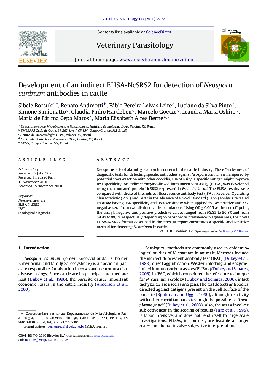 Development of an indirect ELISA-NcSRS2 for detection of Neospora caninum antibodies in cattle