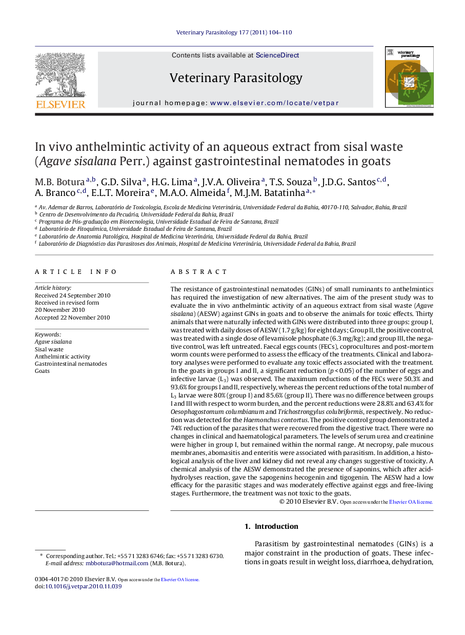 In vivo anthelmintic activity of an aqueous extract from sisal waste (Agave sisalana Perr.) against gastrointestinal nematodes in goats