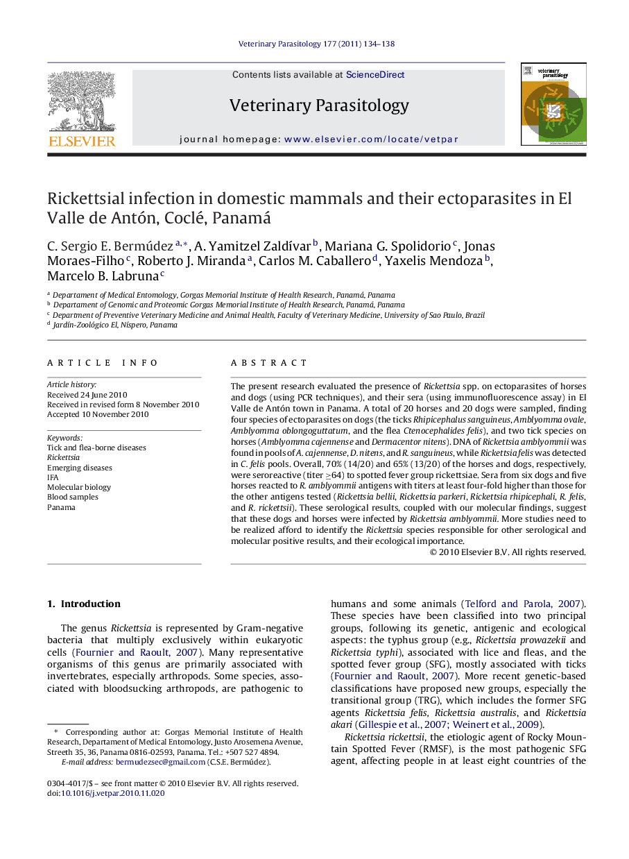 Rickettsial infection in domestic mammals and their ectoparasites in El Valle de Antón, Coclé, Panamá