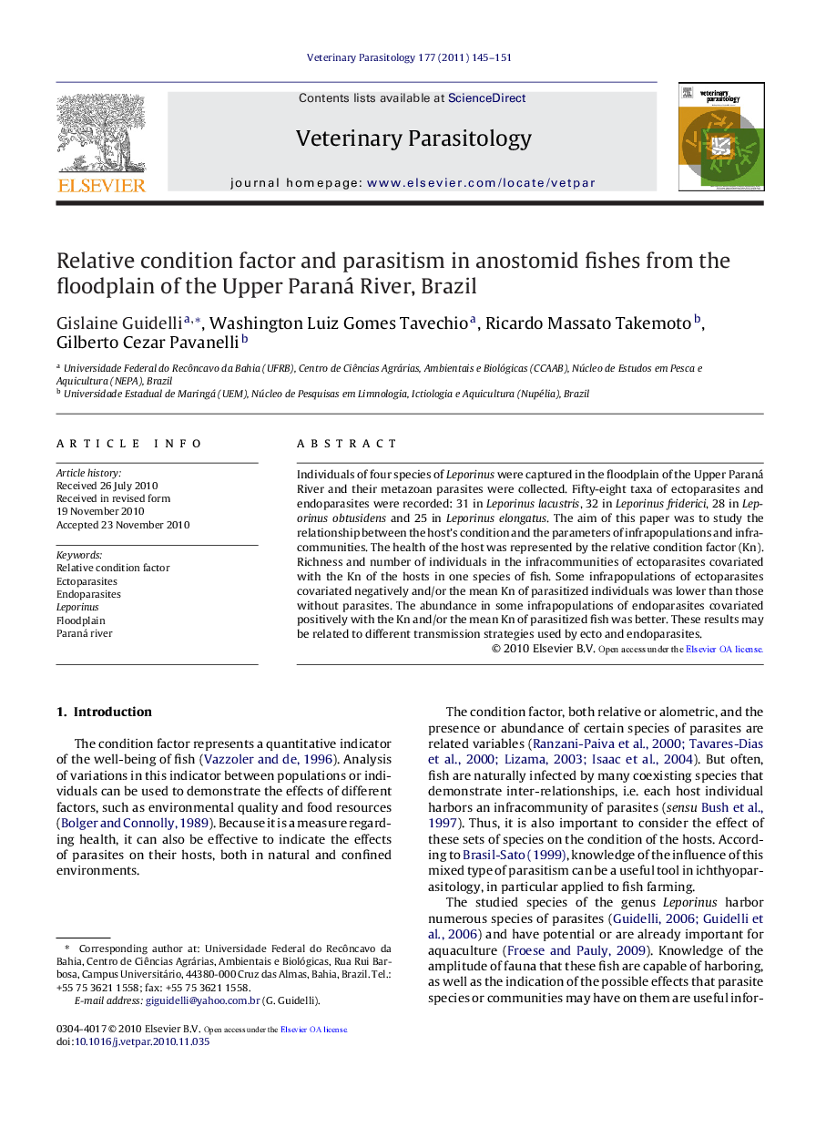 Relative condition factor and parasitism in anostomid fishes from the floodplain of the Upper Paraná River, Brazil