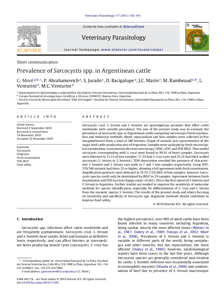 Prevalence of Sarcocystis spp. in Argentinean cattle