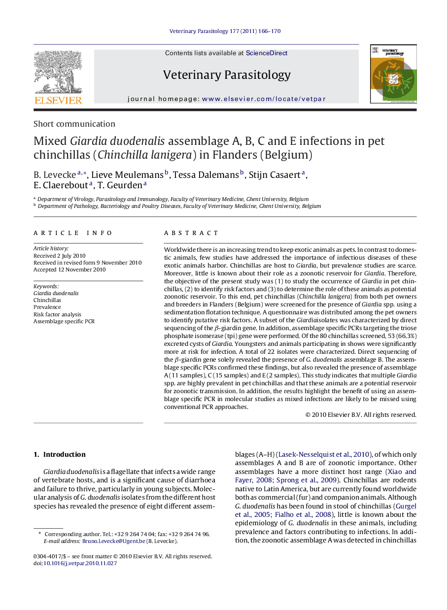 Mixed Giardia duodenalis assemblage A, B, C and E infections in pet chinchillas (Chinchilla lanigera) in Flanders (Belgium)