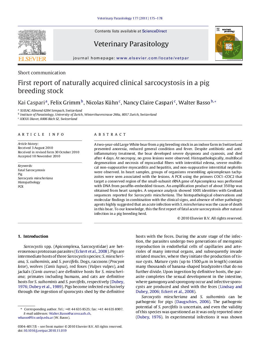 First report of naturally acquired clinical sarcocystosis in a pig breeding stock