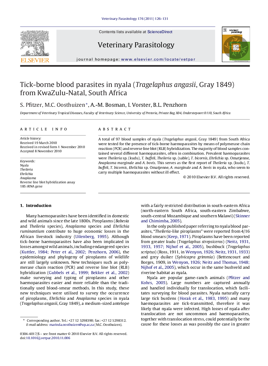 Tick-borne blood parasites in nyala (Tragelaphus angasii, Gray 1849) from KwaZulu-Natal, South Africa