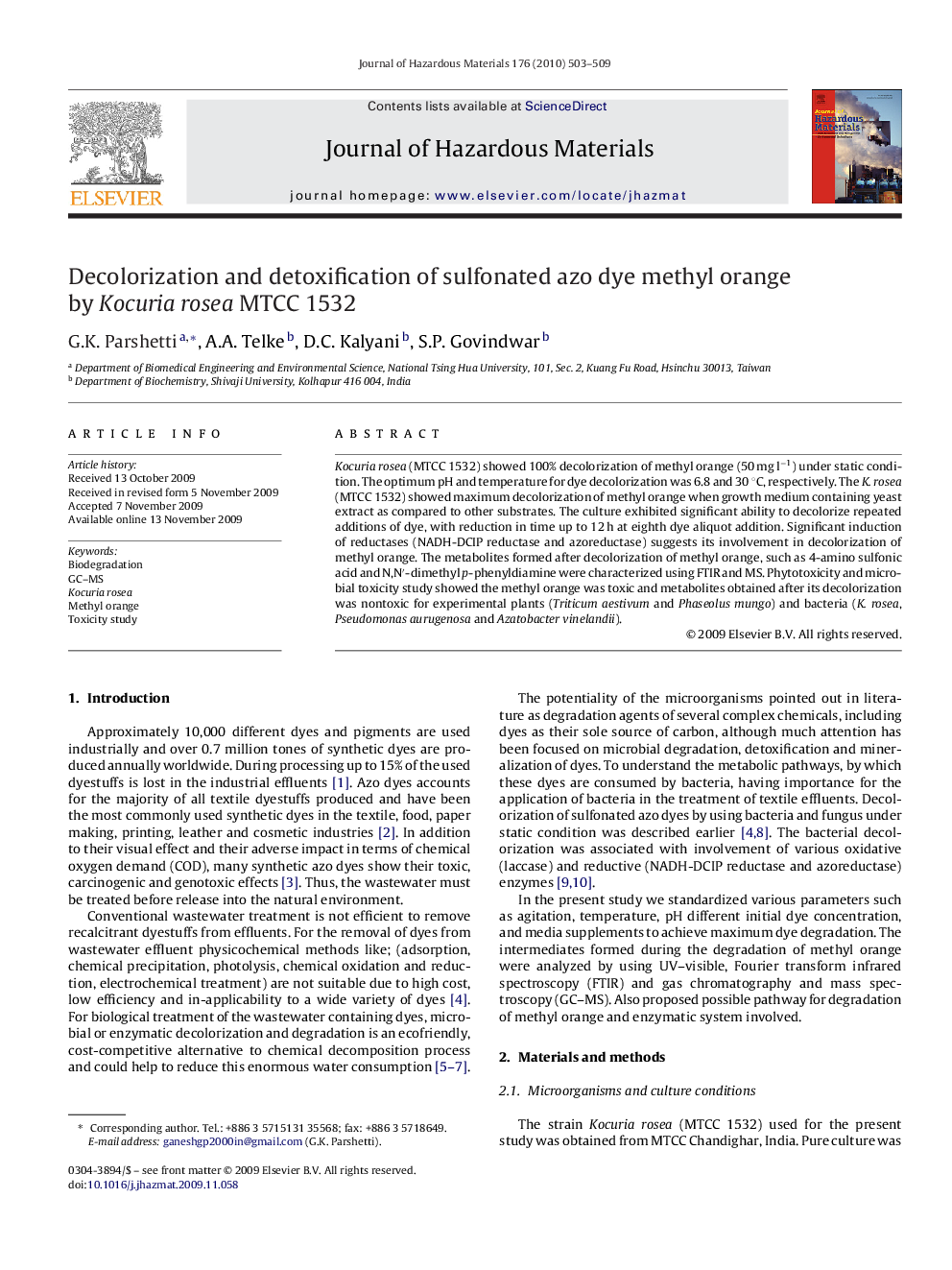 Decolorization and detoxification of sulfonated azo dye methyl orange by Kocuria rosea MTCC 1532