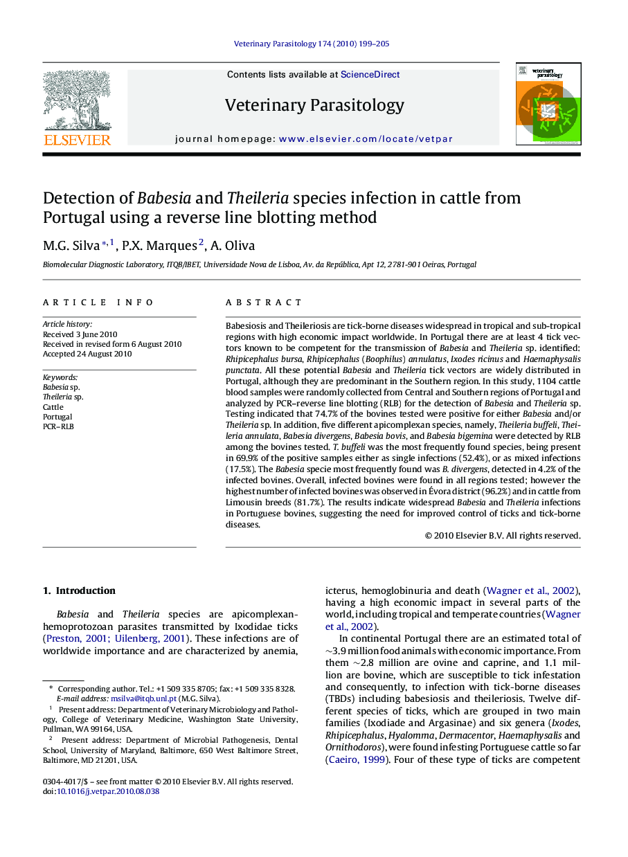 Detection of Babesia and Theileria species infection in cattle from Portugal using a reverse line blotting method