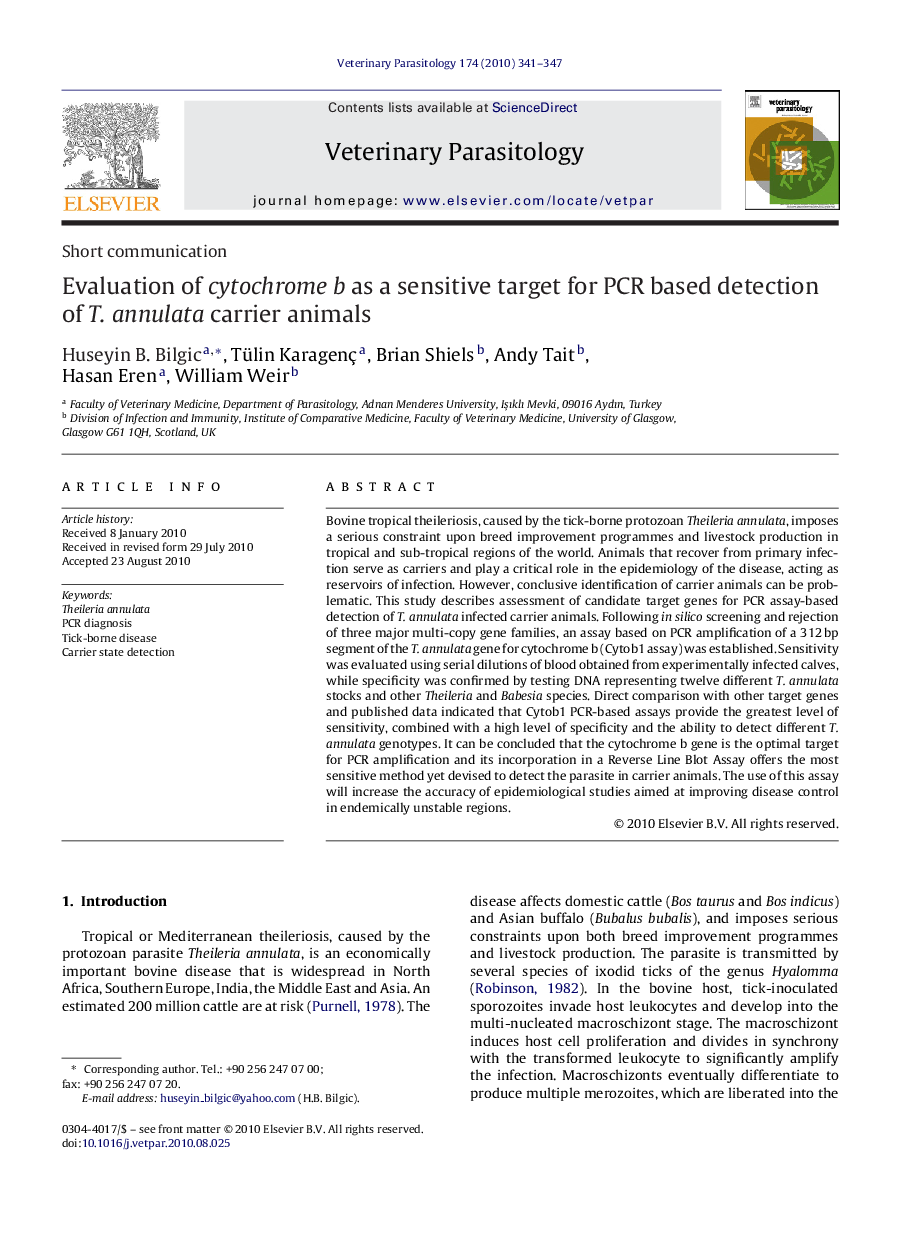 Evaluation of cytochrome b as a sensitive target for PCR based detection of T. annulata carrier animals