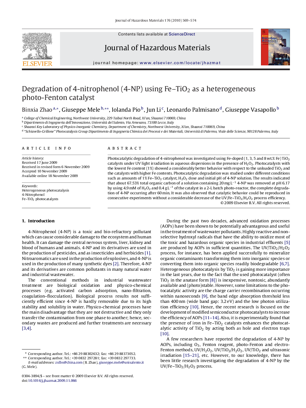 Degradation of 4-nitrophenol (4-NP) using Fe-TiO2 as a heterogeneous photo-Fenton catalyst