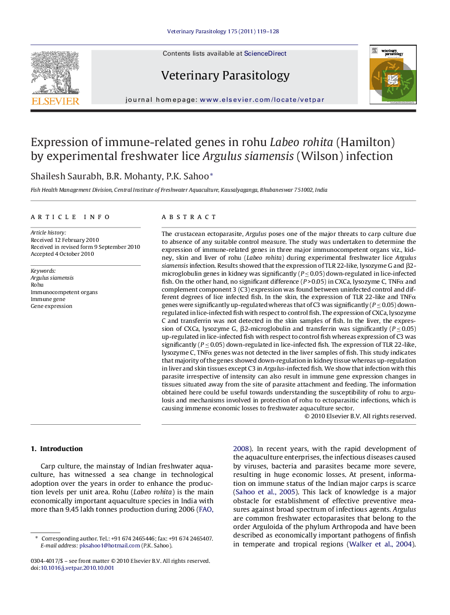 عکس صفحه اول مقاله: Expression of immune-related genes in rohu Labeo rohita (Hamilton) by experimental freshwater lice Argulus siamensis (Wilson) infection Expression of immune-related genes in rohu Labeo rohita (Hamilton) by experimental freshwater lice Argulus siamensis (Wilson) infection