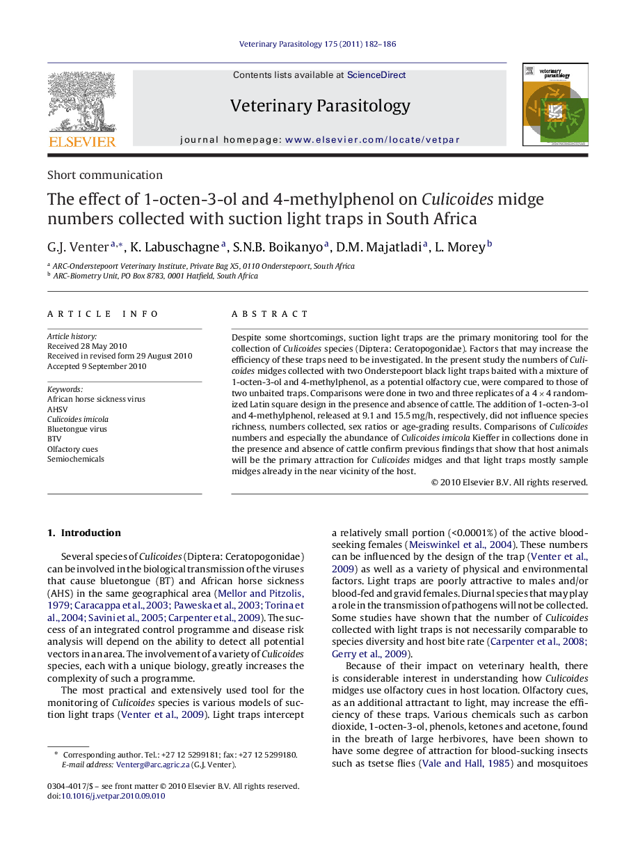 The effect of 1-octen-3-ol and 4-methylphenol on Culicoides midge numbers collected with suction light traps in South Africa