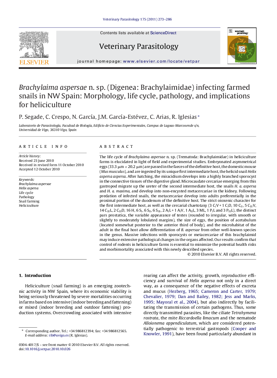 Brachylaima aspersae n. sp. (Digenea: Brachylaimidae) infecting farmed snails in NW Spain: Morphology, life cycle, pathology, and implications for heliciculture