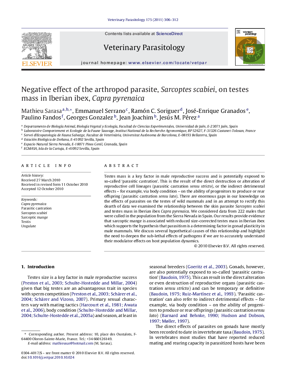 Negative effect of the arthropod parasite, Sarcoptes scabiei, on testes mass in Iberian ibex, Capra pyrenaica