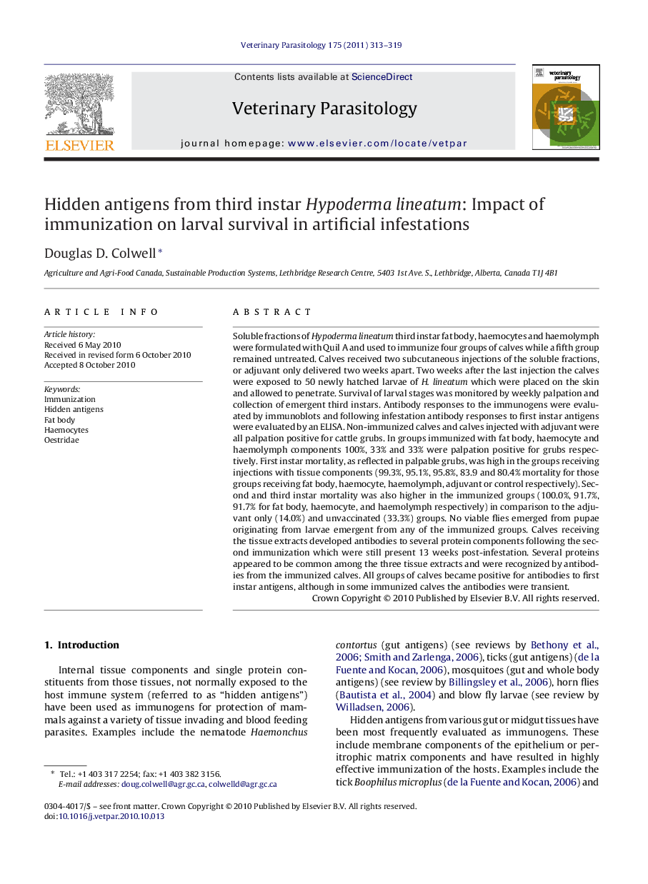 Hidden antigens from third instar Hypoderma lineatum: Impact of immunization on larval survival in artificial infestations