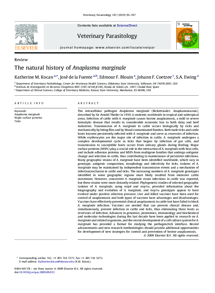 The natural history of Anaplasma marginale