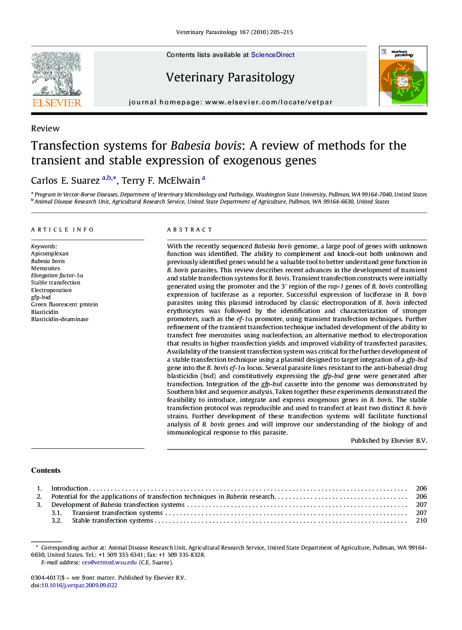 Transfection systems for Babesia bovis: A review of methods for the transient and stable expression of exogenous genes