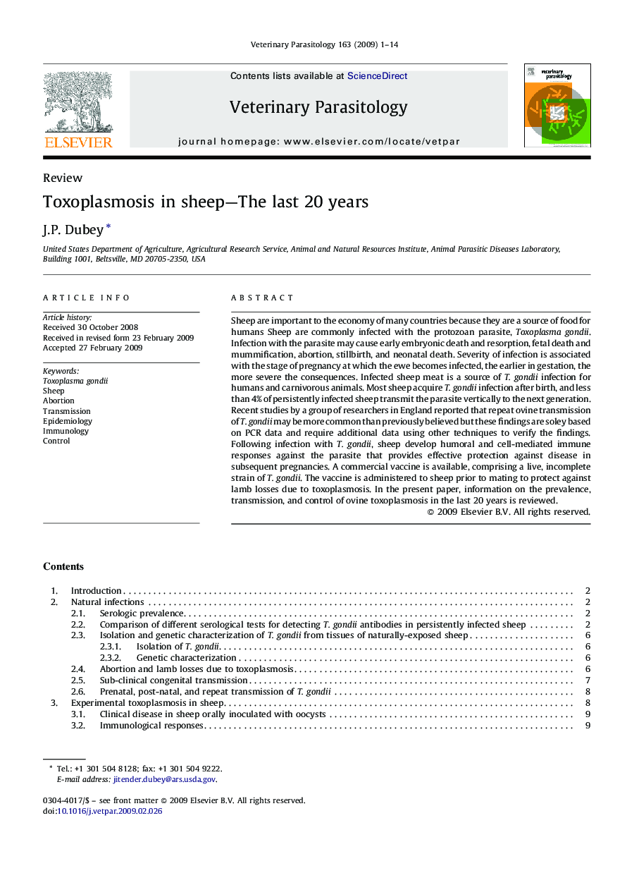 عکس صفحه اول مقاله: Toxoplasmosis in sheep-The last 20 years Toxoplasmosis in sheep-The last 20 years
