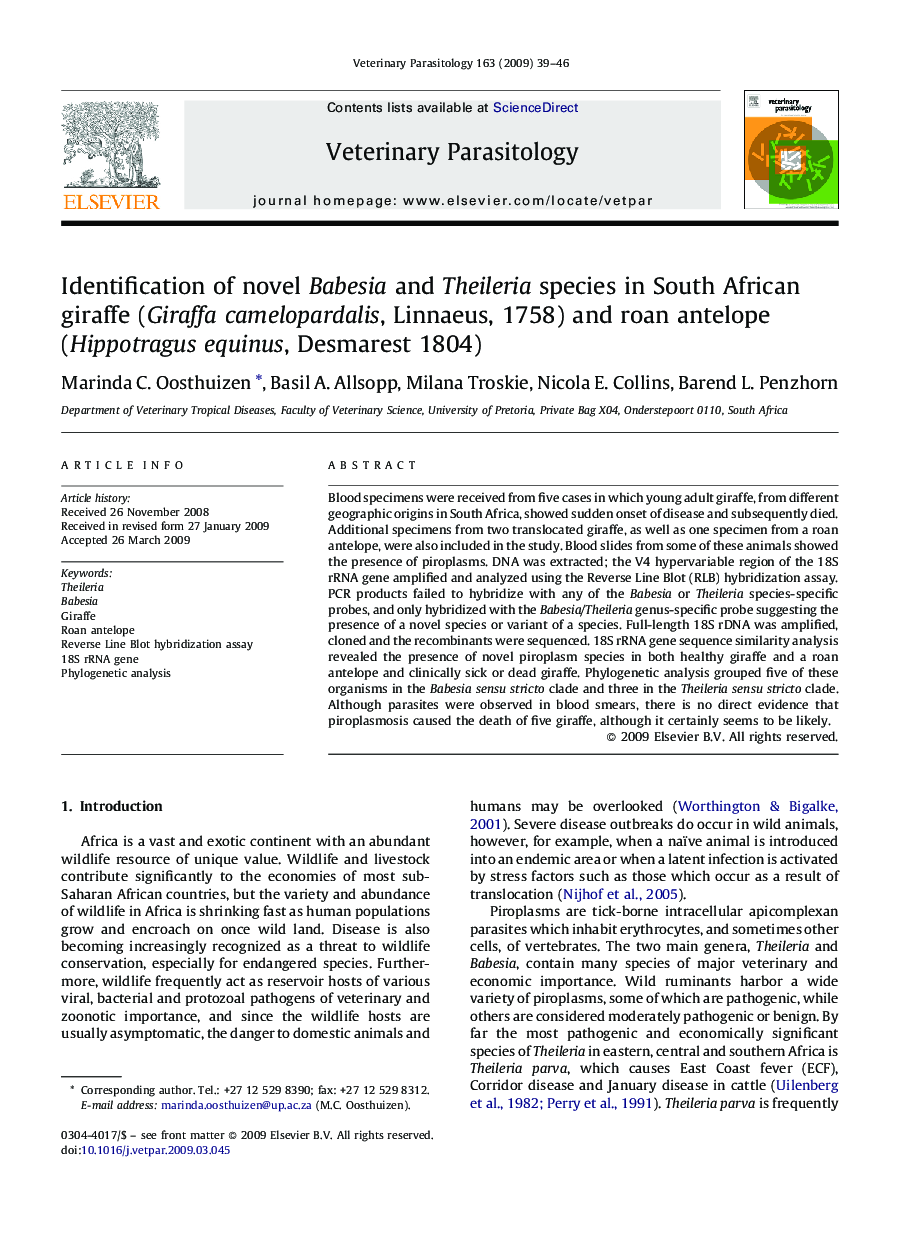 Identification of novel Babesia and Theileria species in South African giraffe (Giraffa camelopardalis, Linnaeus, 1758) and roan antelope (Hippotragus equinus, Desmarest 1804)