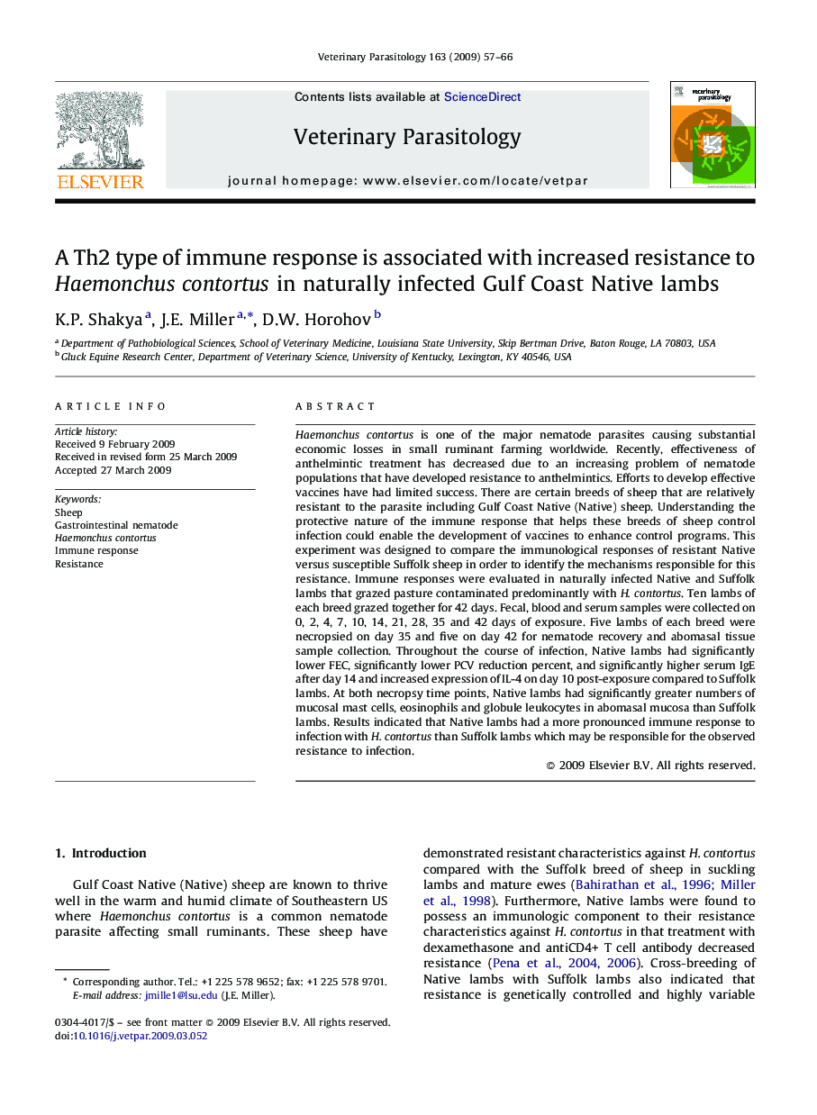 A Th2 type of immune response is associated with increased resistance to Haemonchus contortus in naturally infected Gulf Coast Native lambs