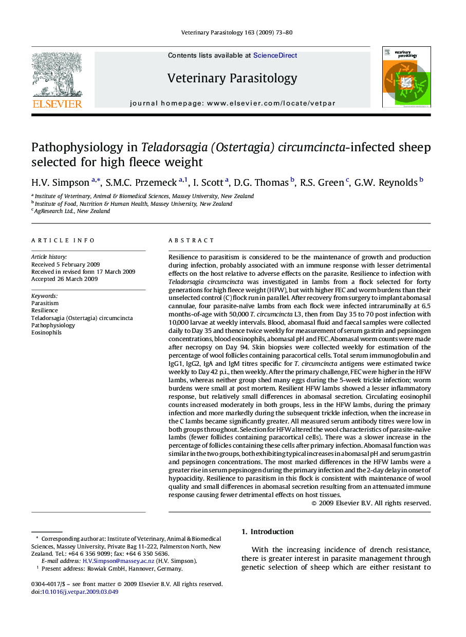 Pathophysiology in Teladorsagia (Ostertagia) circumcincta-infected sheep selected for high fleece weight