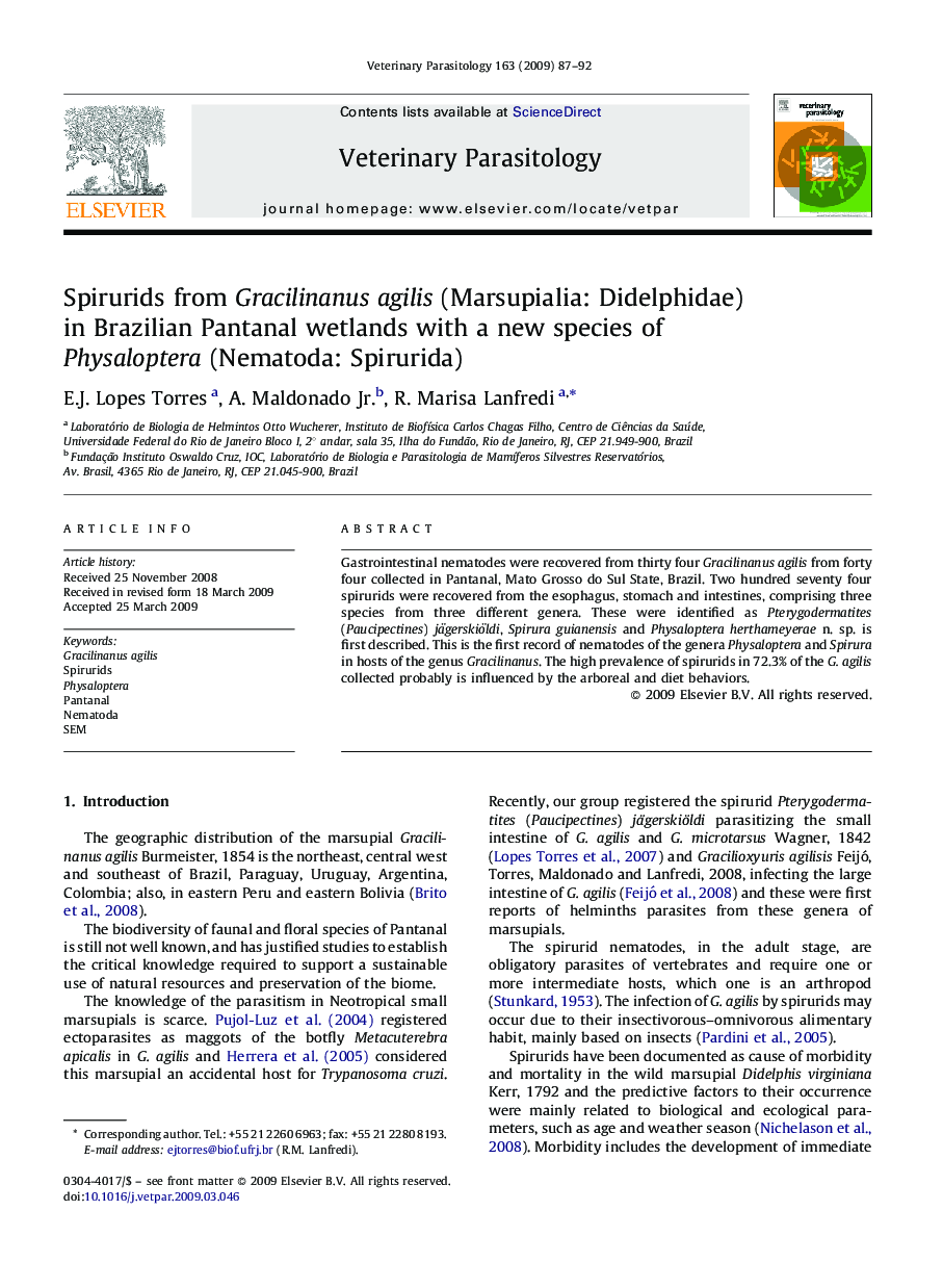 Spirurids from Gracilinanus agilis (Marsupialia: Didelphidae) in Brazilian Pantanal wetlands with a new species of Physaloptera (Nematoda: Spirurida)