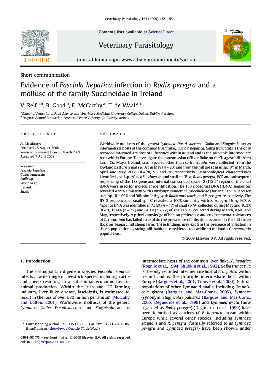 Evidence of Fasciola hepatica infection in Radix peregra and a mollusc of the family Succineidae in Ireland