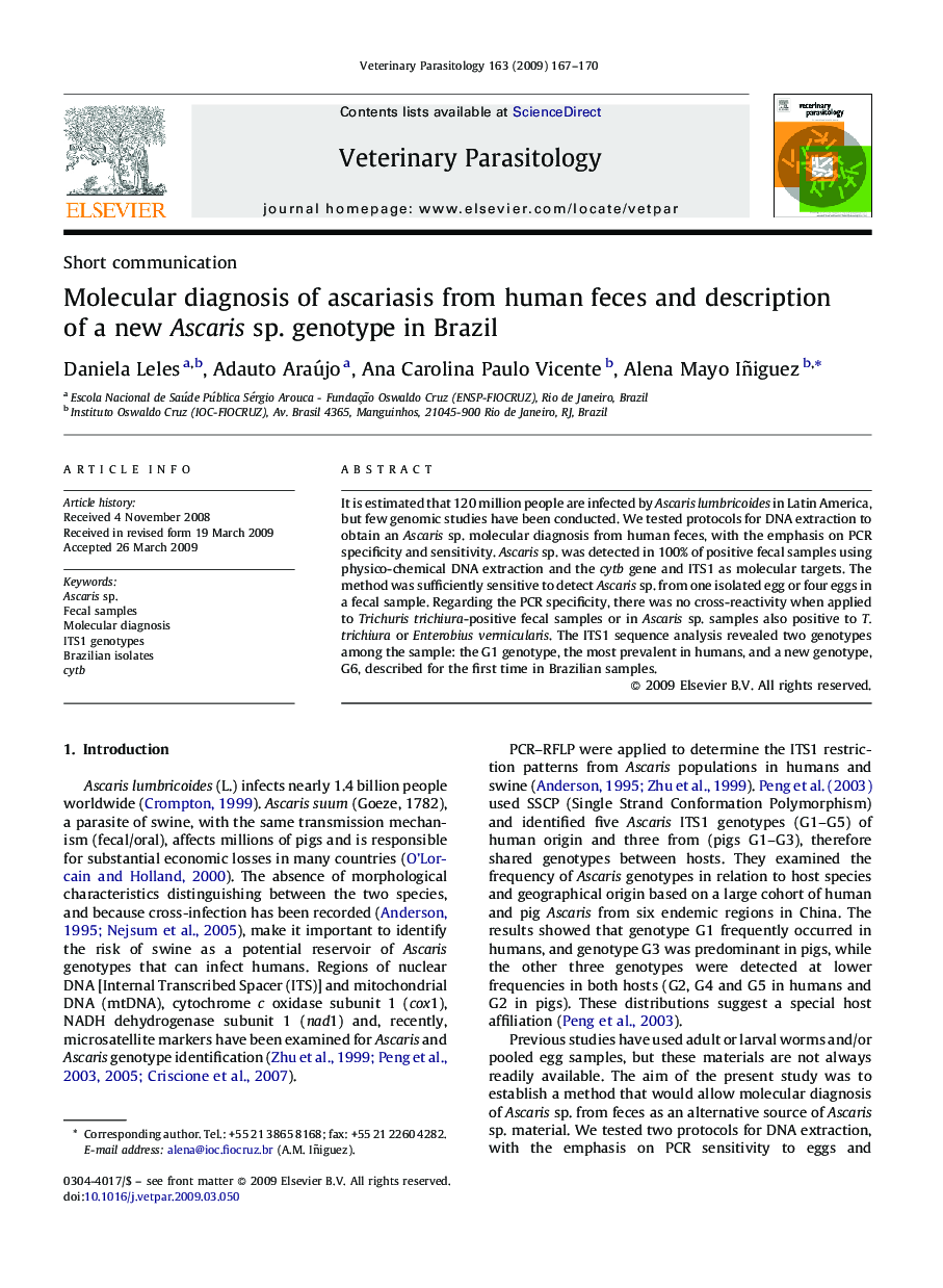 Molecular diagnosis of ascariasis from human feces and description of a new Ascaris sp. genotype in Brazil