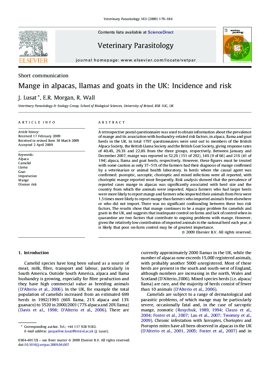 Mange in alpacas, llamas and goats in the UK: Incidence and risk