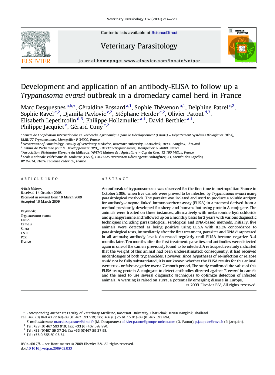 Development and application of an antibody-ELISA to follow up a Trypanosoma evansi outbreak in a dromedary camel herd in France