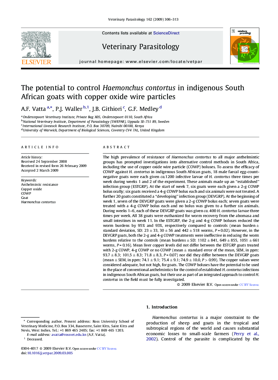 The potential to control Haemonchus contortus in indigenous South African goats with copper oxide wire particles