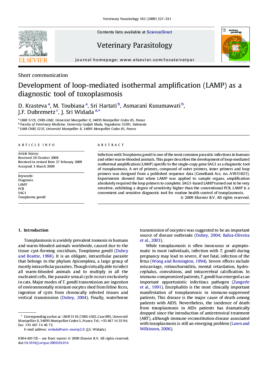 Development of loop-mediated isothermal amplification (LAMP) as a diagnostic tool of toxoplasmosis