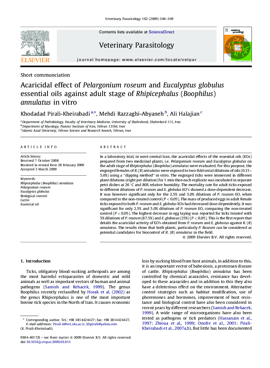 Acaricidal effect of Pelargonium roseum and Eucalyptus globulus essential oils against adult stage of Rhipicephalus (Boophilus) annulatus in vitro