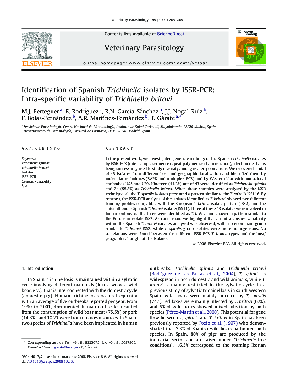Identification of Spanish Trichinella isolates by ISSR-PCR: Intra-specific variability of Trichinella britovi