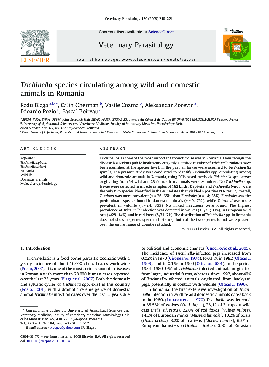 Trichinella species circulating among wild and domestic animals in Romania