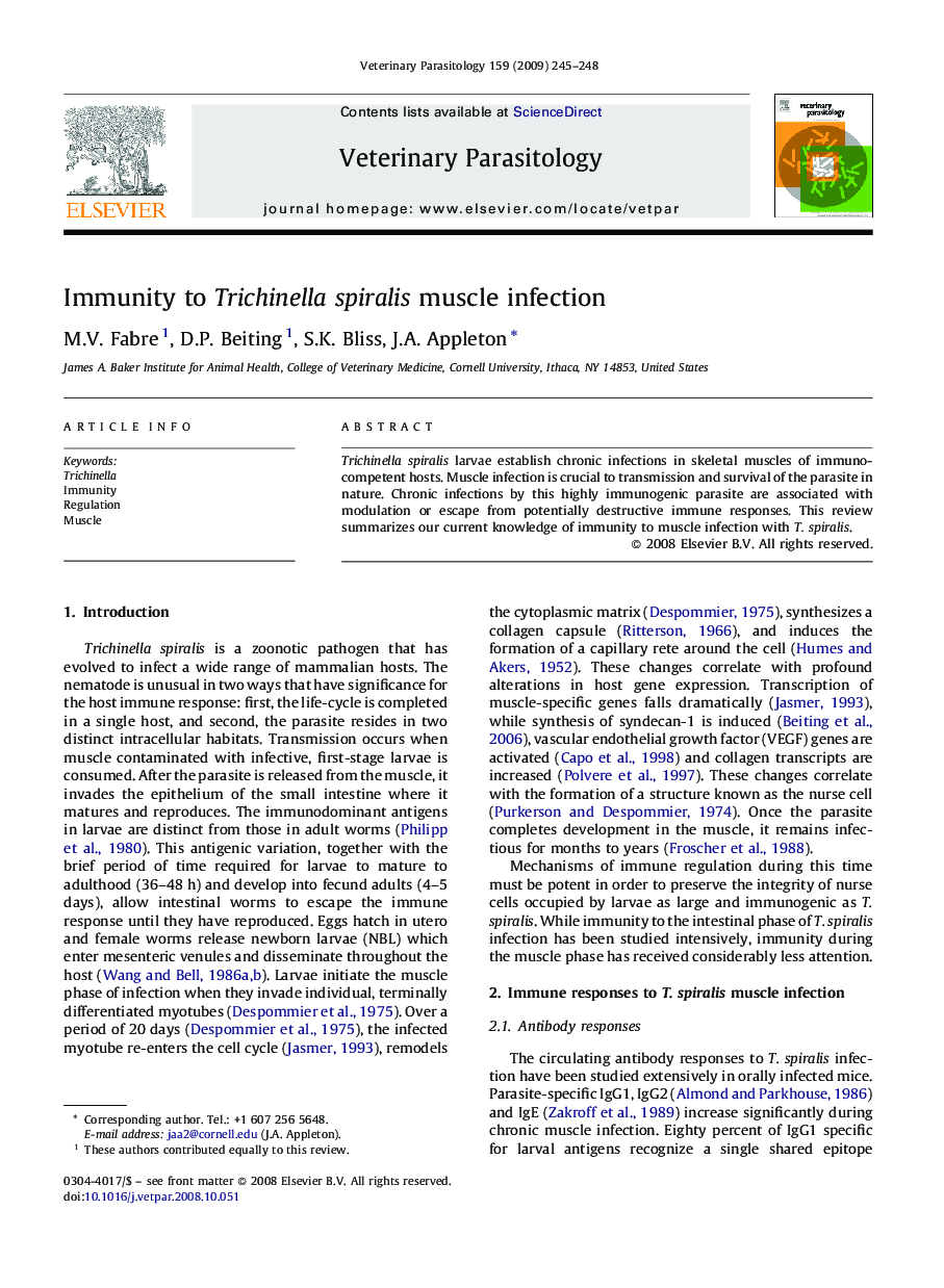 Immunity to Trichinella spiralis muscle infection