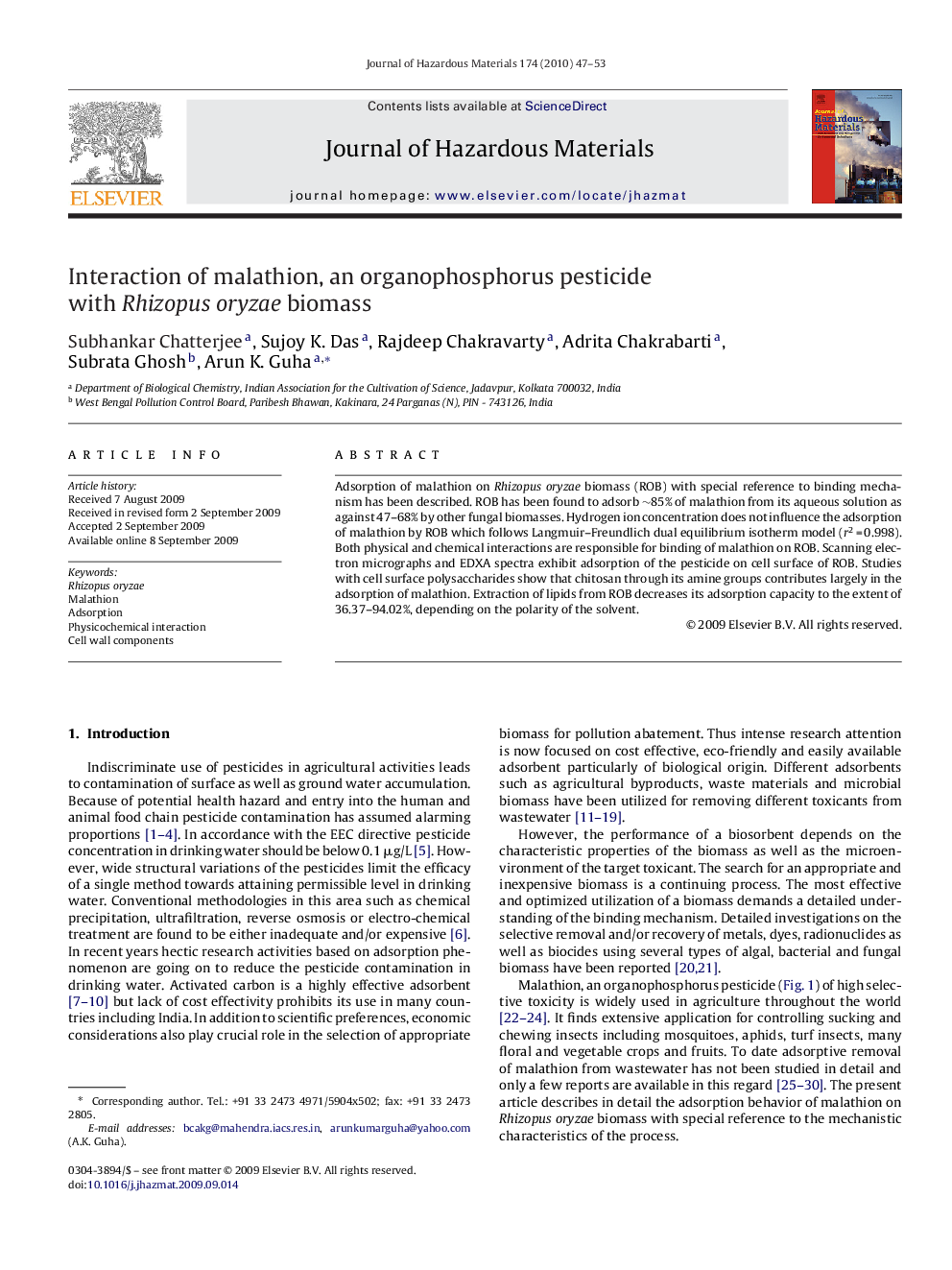 Interaction of malathion, an organophosphorus pesticide with Rhizopus oryzae biomass