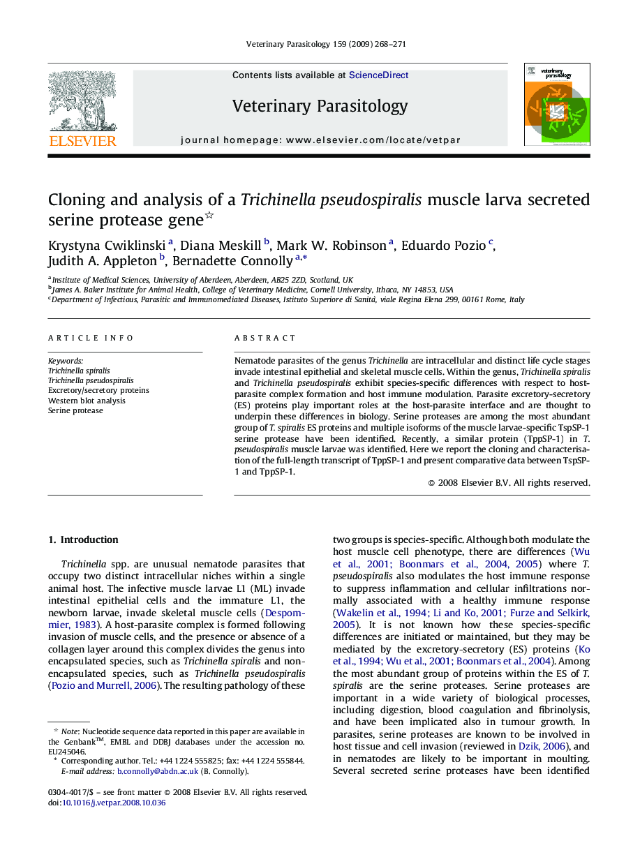 Cloning and analysis of a Trichinella pseudospiralis muscle larva secreted serine protease gene