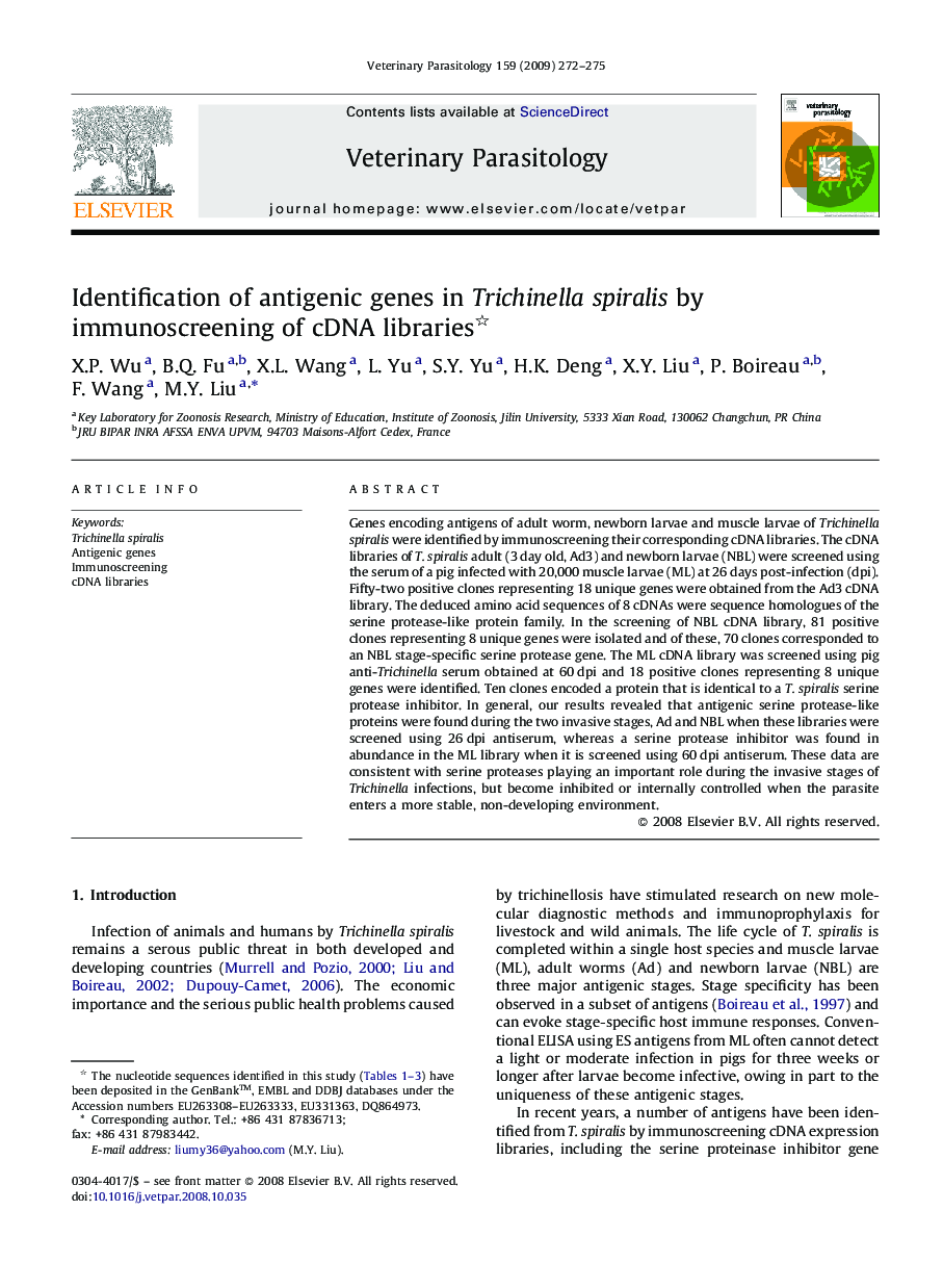 Identification of antigenic genes in Trichinella spiralis by immunoscreening of cDNA libraries