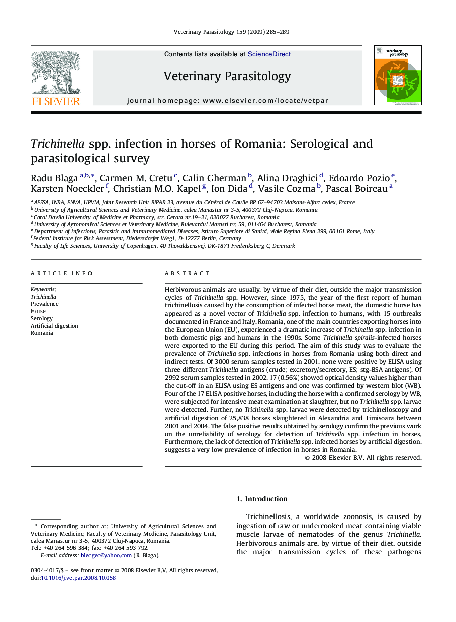 Trichinella spp. infection in horses of Romania: Serological and parasitological survey
