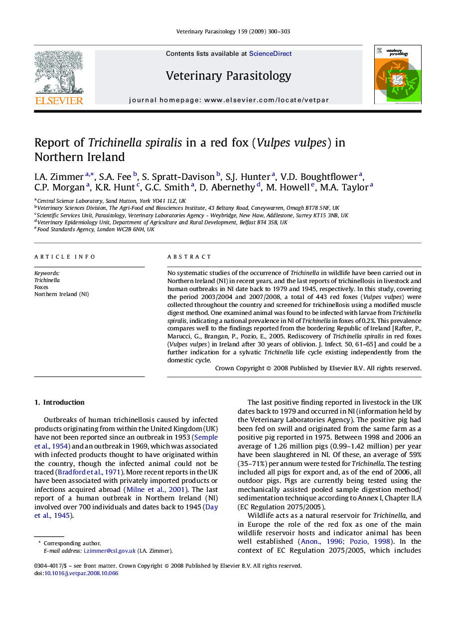 Report of Trichinella spiralis in a red fox (Vulpes vulpes) in Northern Ireland