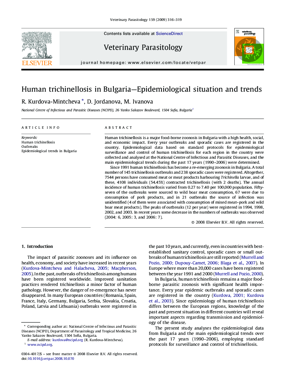 Human trichinellosis in Bulgaria-Epidemiological situation and trends