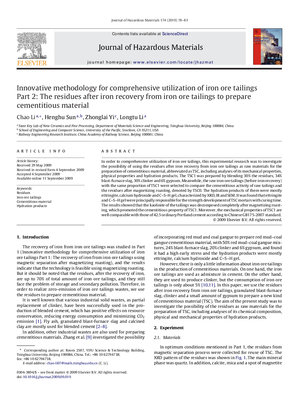 Innovative methodology for comprehensive utilization of iron ore tailings