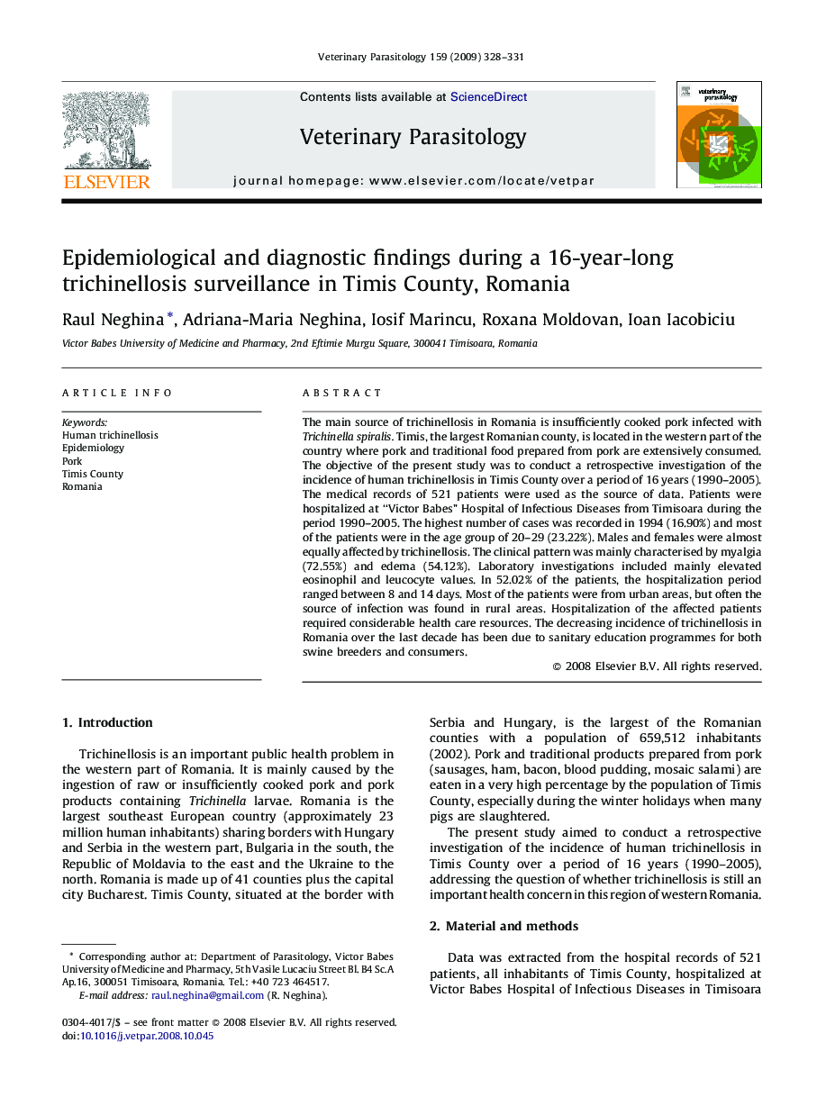 Epidemiological and diagnostic findings during a 16-year-long trichinellosis surveillance in Timis County, Romania